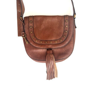 Fossil Emi Saddlebag Tassel Studs Brown Pebbled Leather Crossbody Bag Bohemian